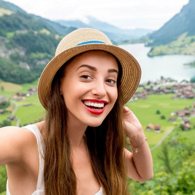 Mujer con sombrero tomando un selfie con una impresionante vista de montaña al fondo.