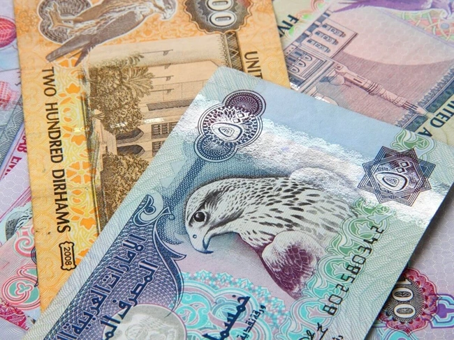 Se extienden múltiples billetes de dirham de Emiratos Árabes Unidos de diversas denominaciones, con intrincados diseños y características holográficas.